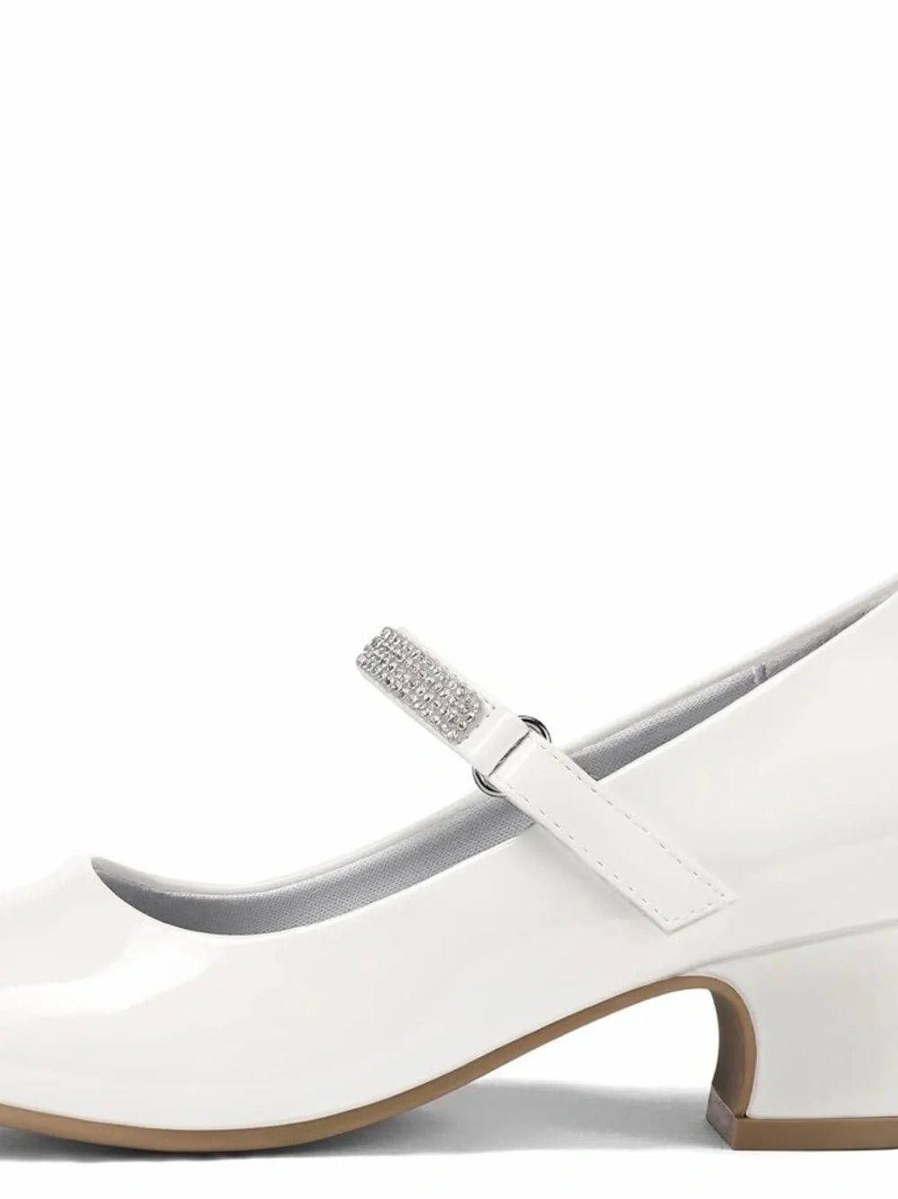 Girls' White Patent Mary Jane Dress Heels with Rhinestone Strap